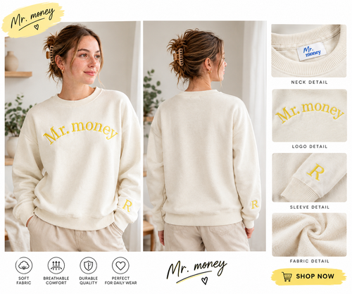 Mr. Money Embroidered Sweatshirt - Pastel Peach - 320 GSM