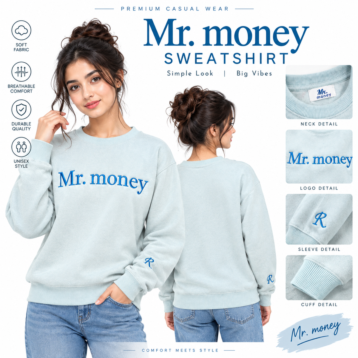 Mr. Money Embroidered Sweatshirt - Pastel Peach - 320 GSM