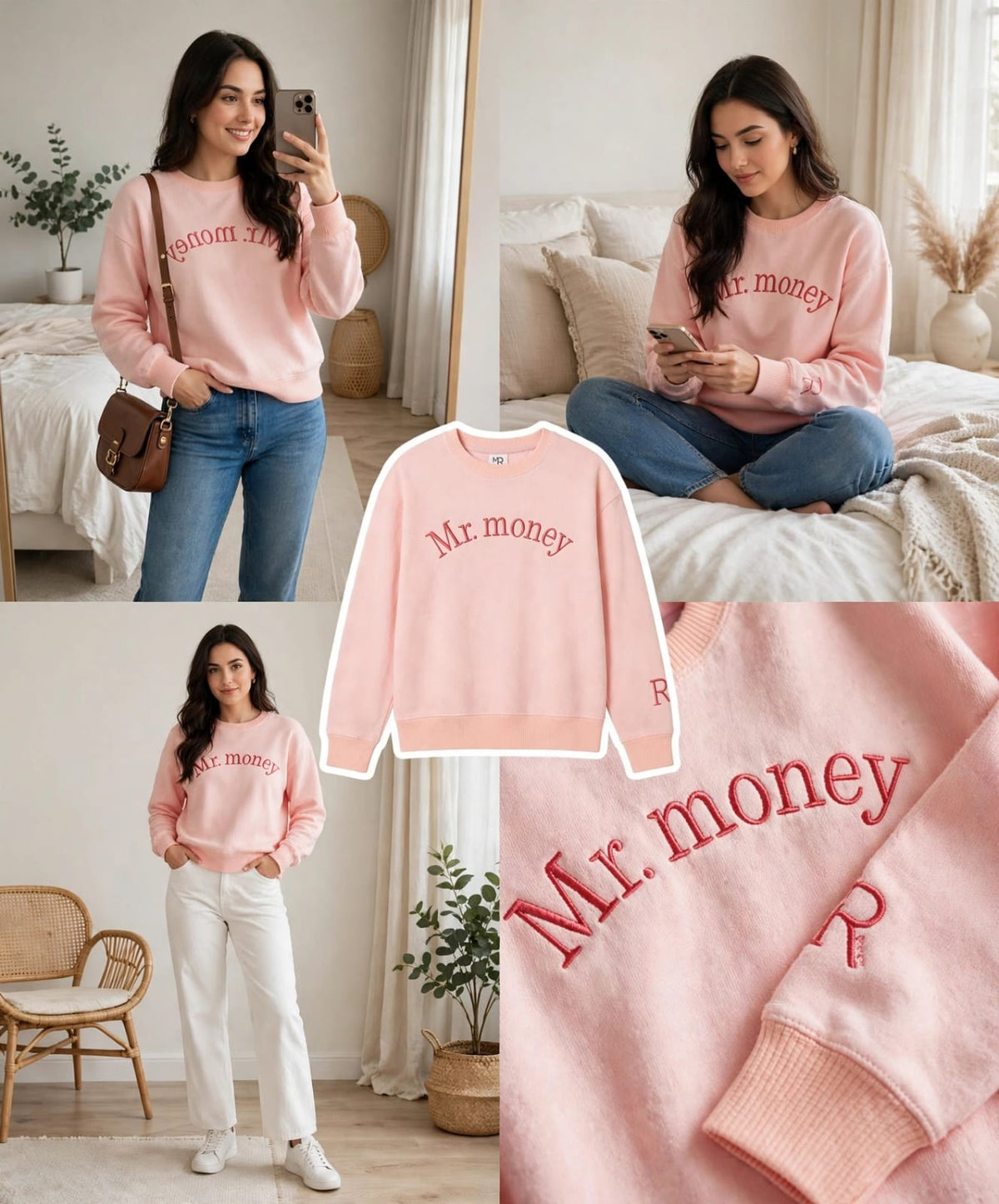 Mr. Money Embroidered Sweatshirt - Pastel Peach - 320 GSM